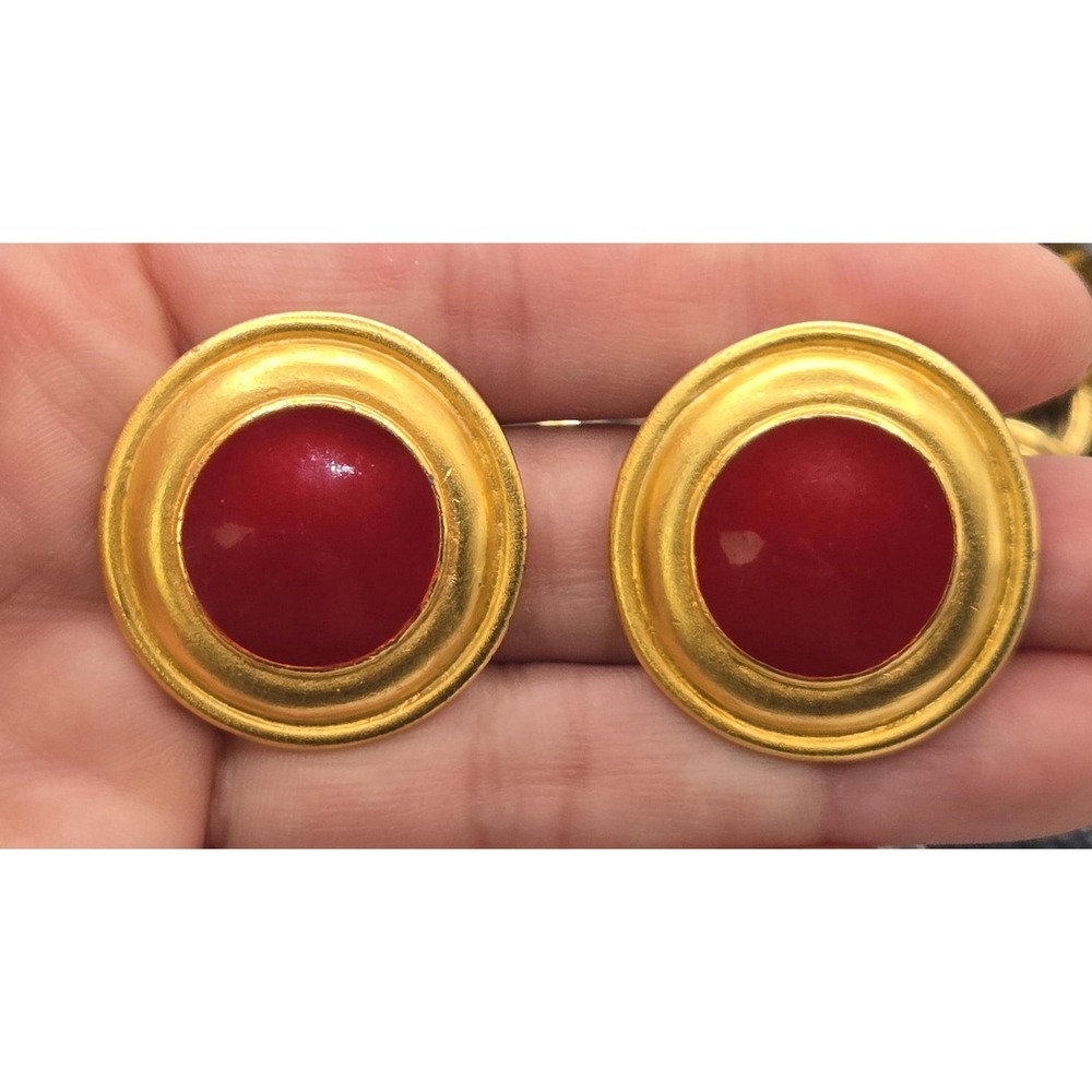 vintage GJD Large Matte Goldtone Red Enamel Center Circle Clip On Earrings